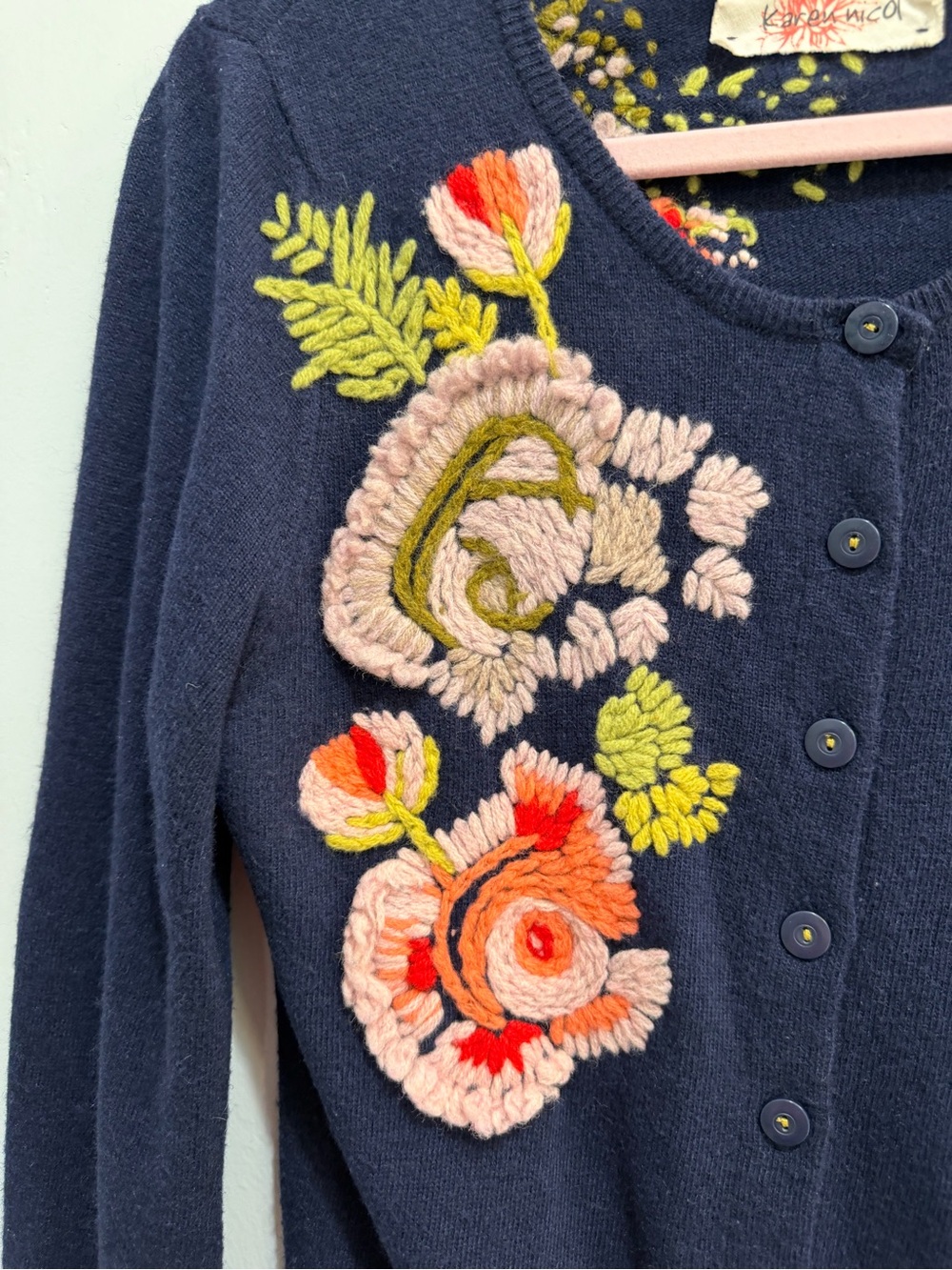 Anthropologie Anemone Bloom Embroidered Button Down Cardigan Blue Wool Twee Sz M - Picture 4 of 14